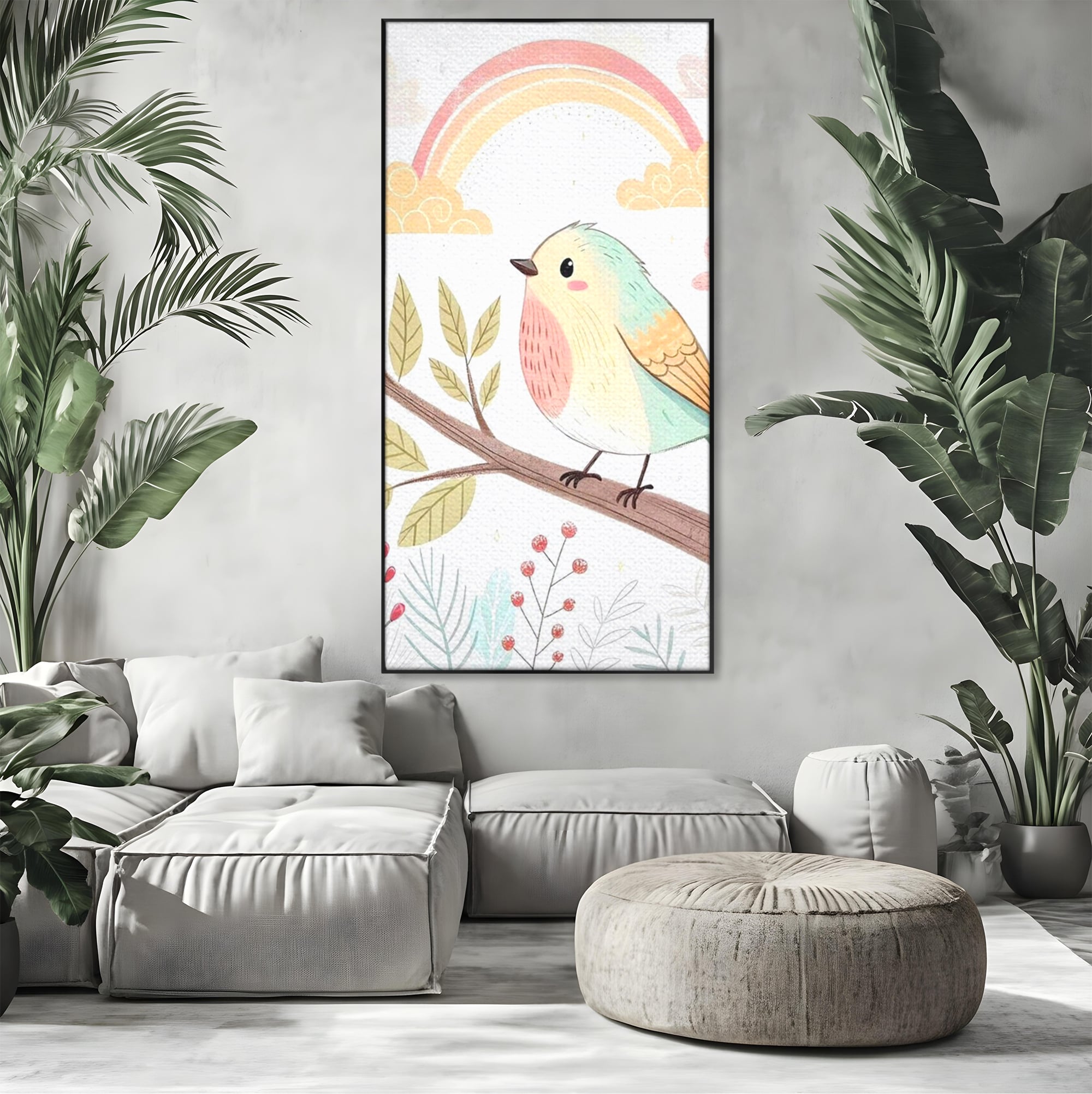 Tablou canvas cu tablou canvas cu pasare pe ramura, in rama de aluminiu negru, pe perete intr-un living